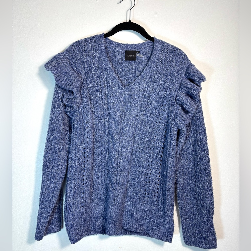 Cliche Blue V-Neck Sweater with Ruffle Detail